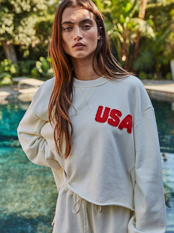 Cream and red cropped USA patch sweatshirt