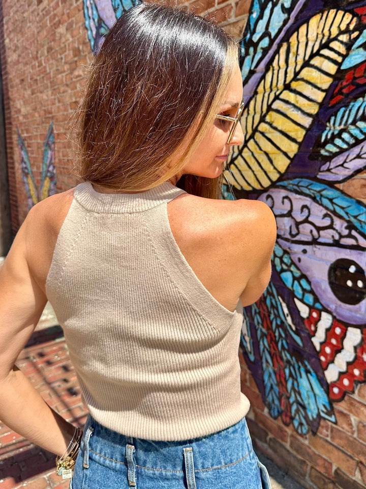 Soft high neck knit sleeveless fitted tank top
