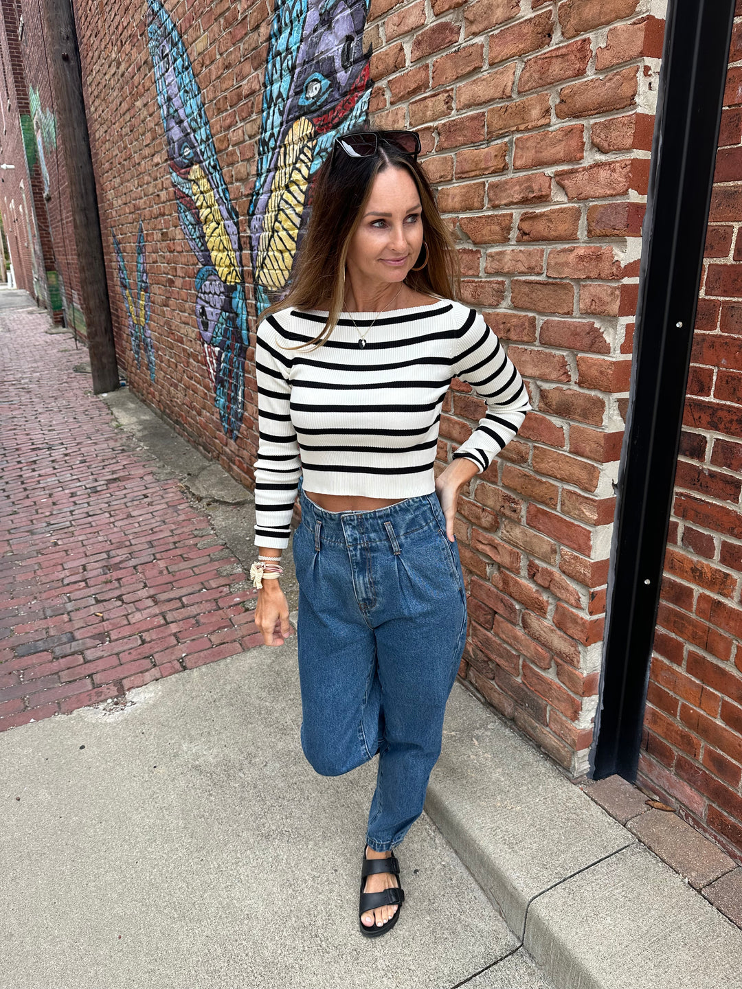 LARGE - Cropped Striped Boatneck Top