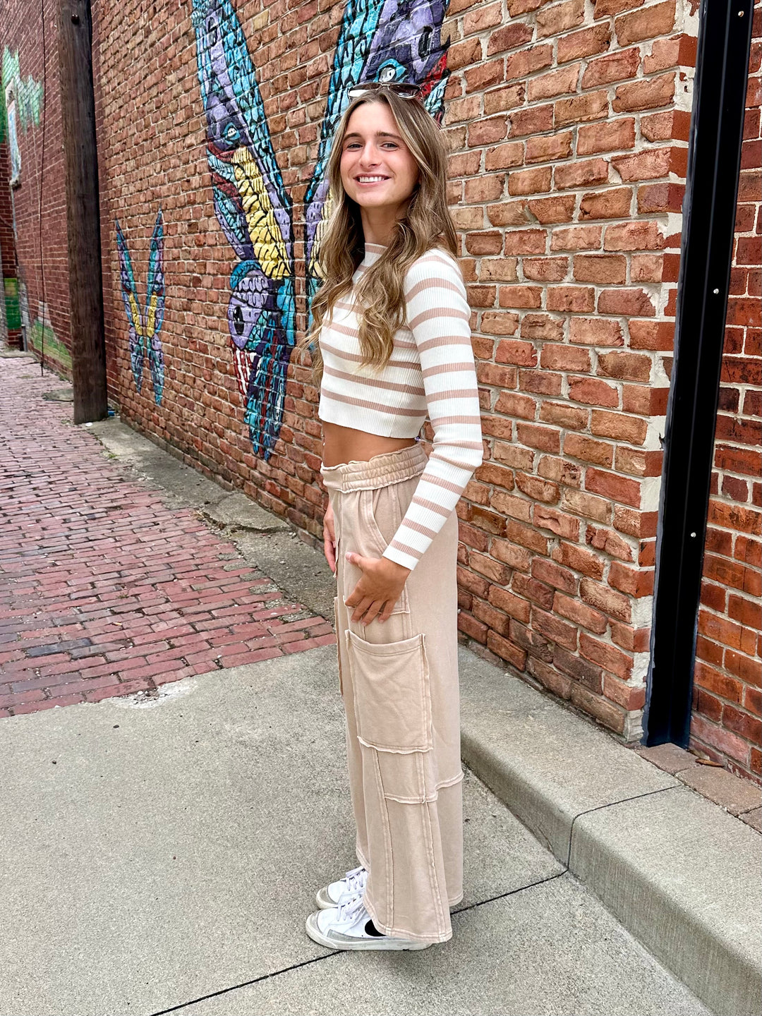 LARGE - Cropped Striped Boatneck Top