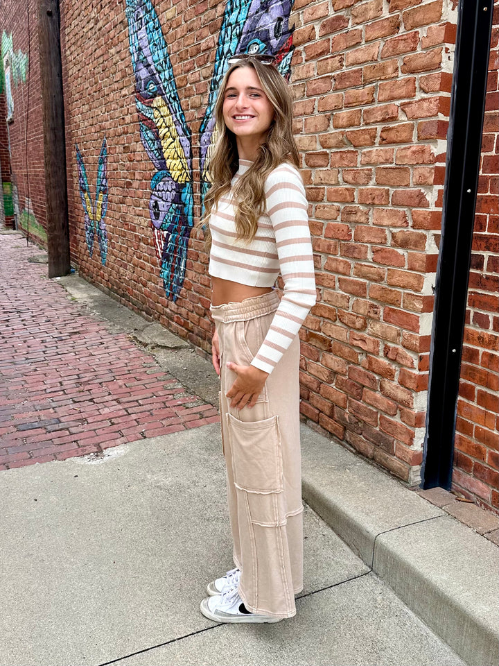 LARGE - Cropped Striped Boatneck Top