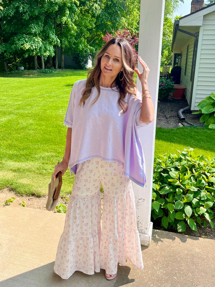 White with dainty pink flowers floral boho flowy wide leg pants