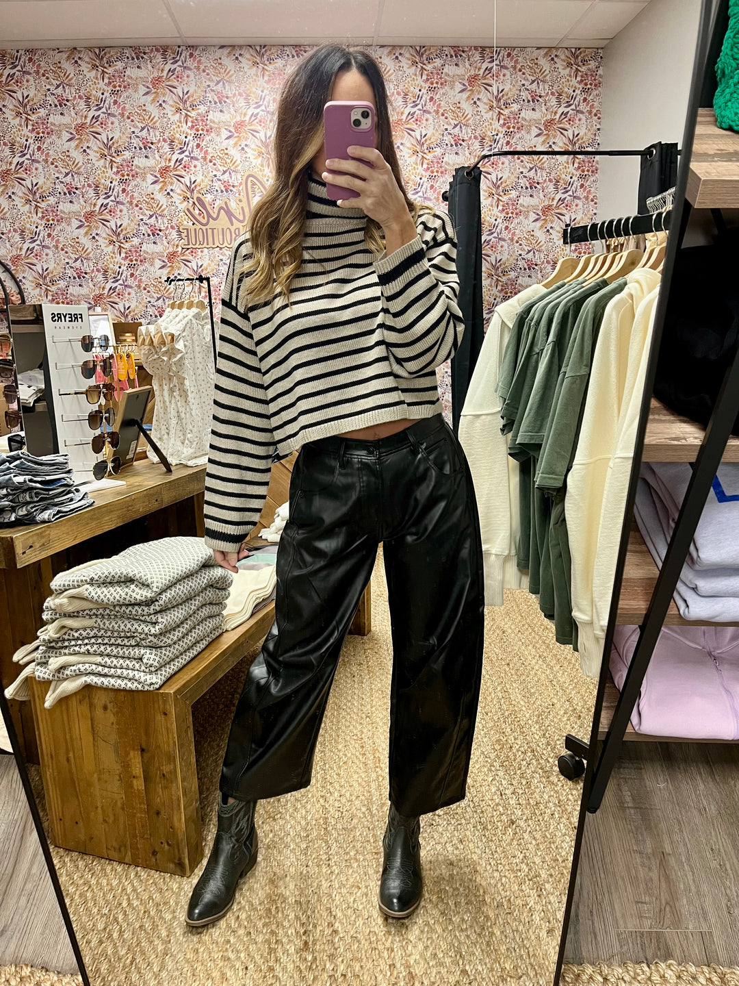 LARGE - Striped Cropped Turtleneck Sweater
