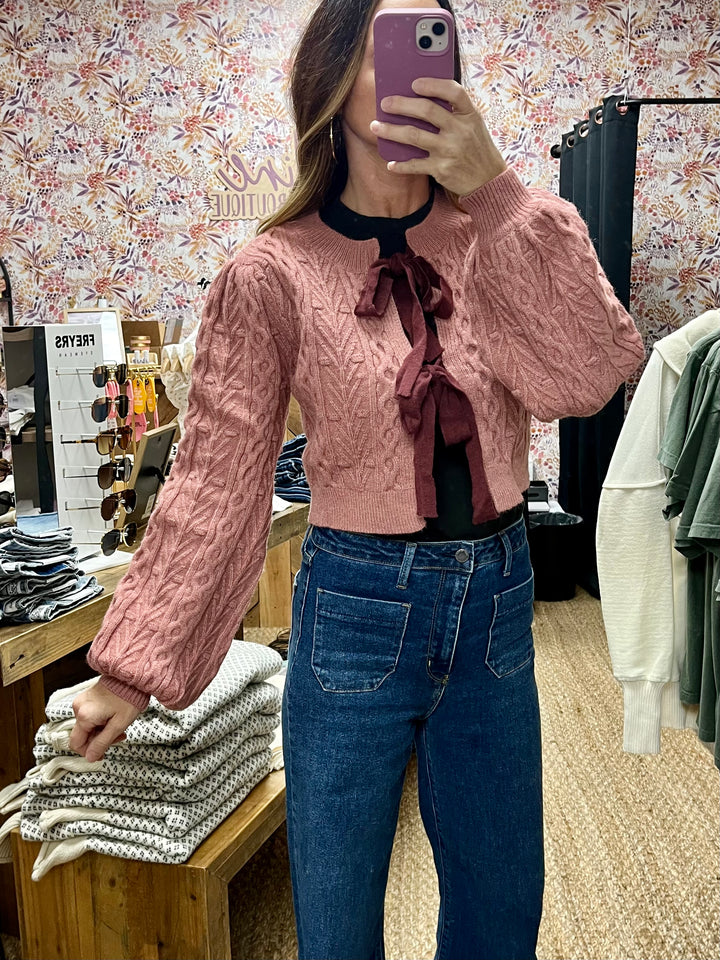 MEDIUM - Bow Tie Cable Knit Cardigan