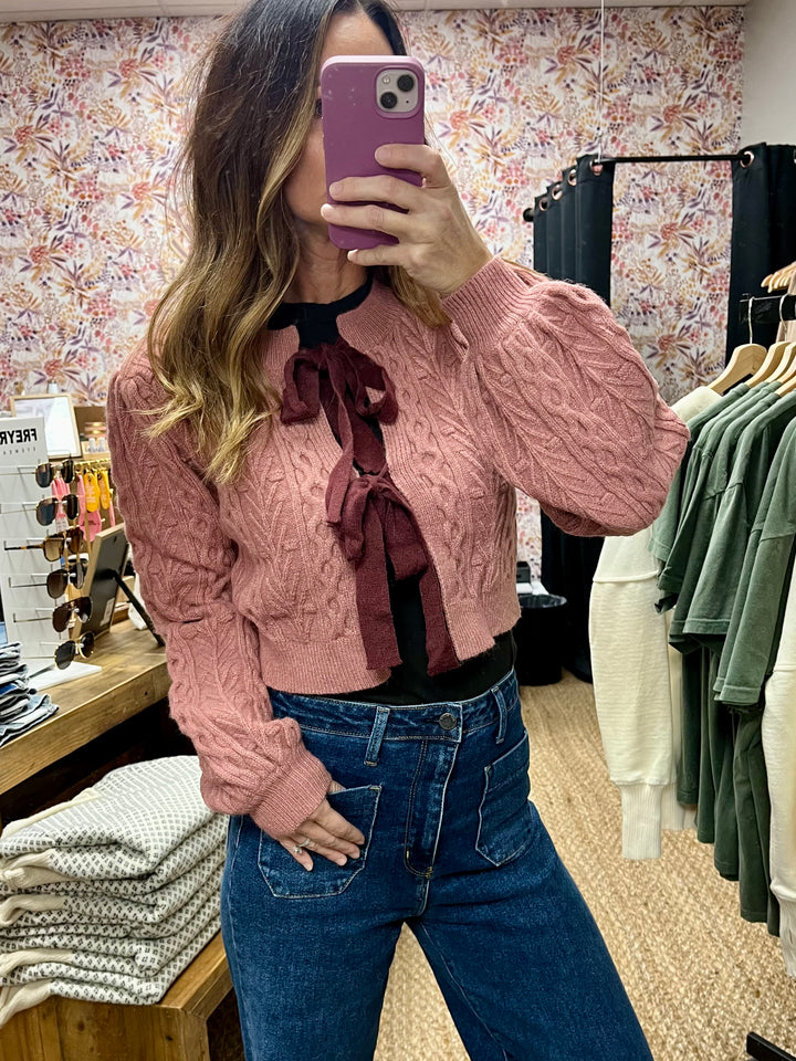 MEDIUM - Bow Tie Cable Knit Cardigan