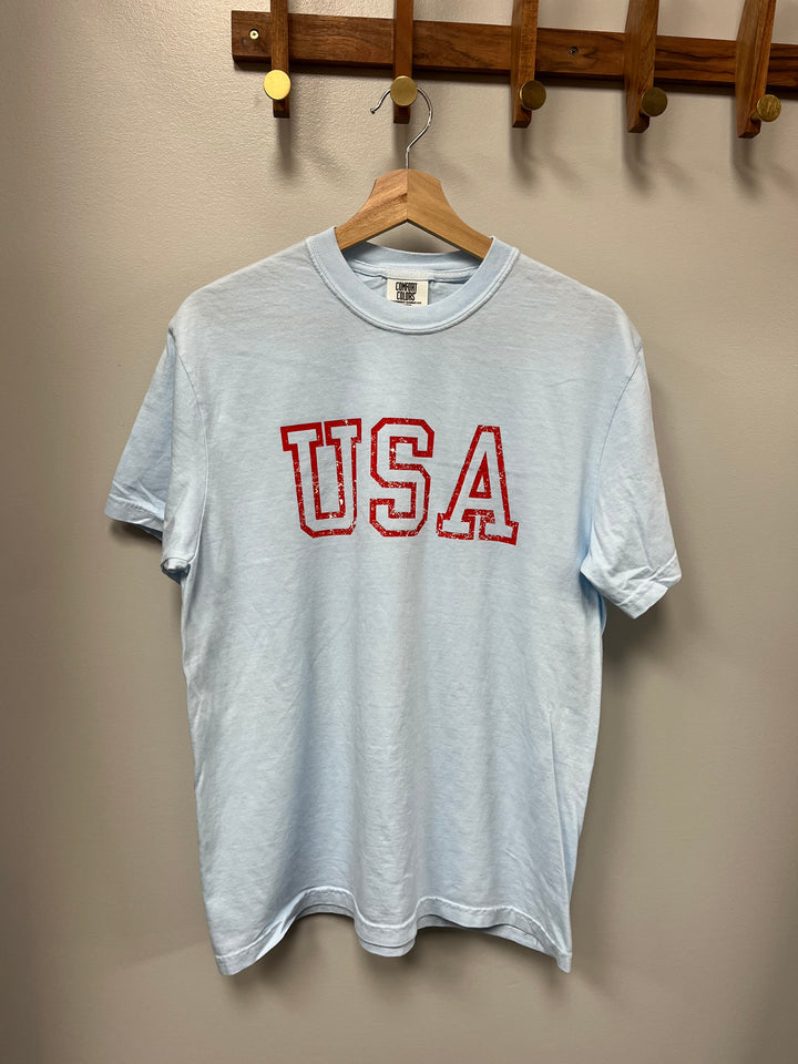 Light blue tee with USA in red