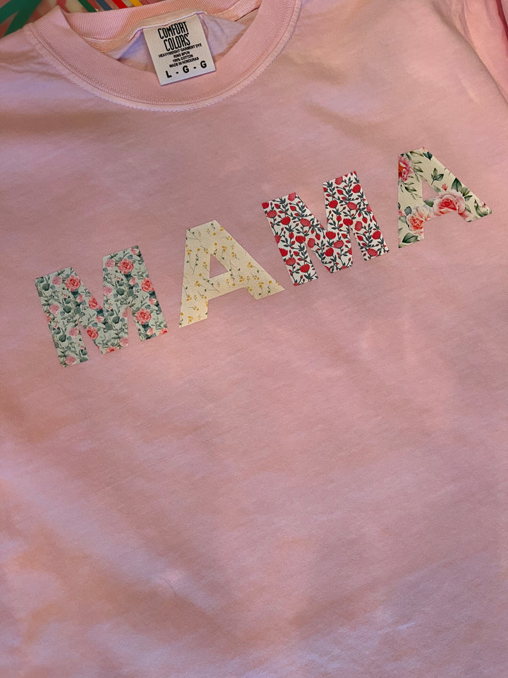 Pink tee with MAMA floral graphic