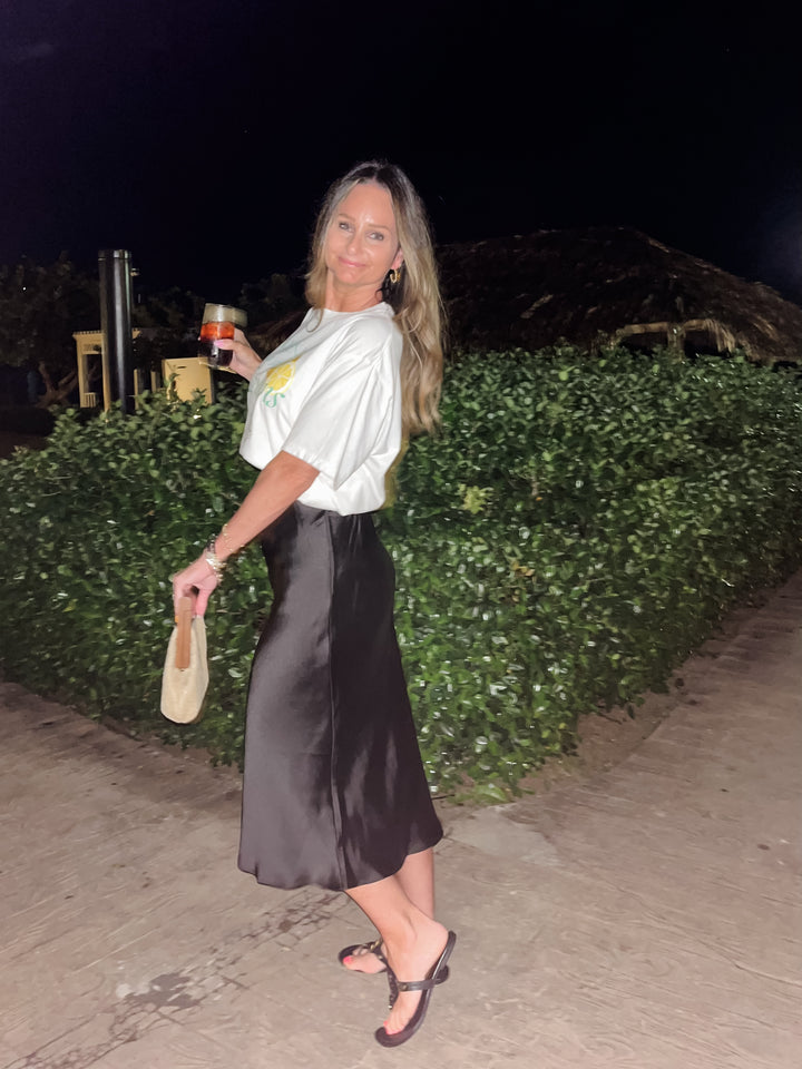 Black satin midi skirt