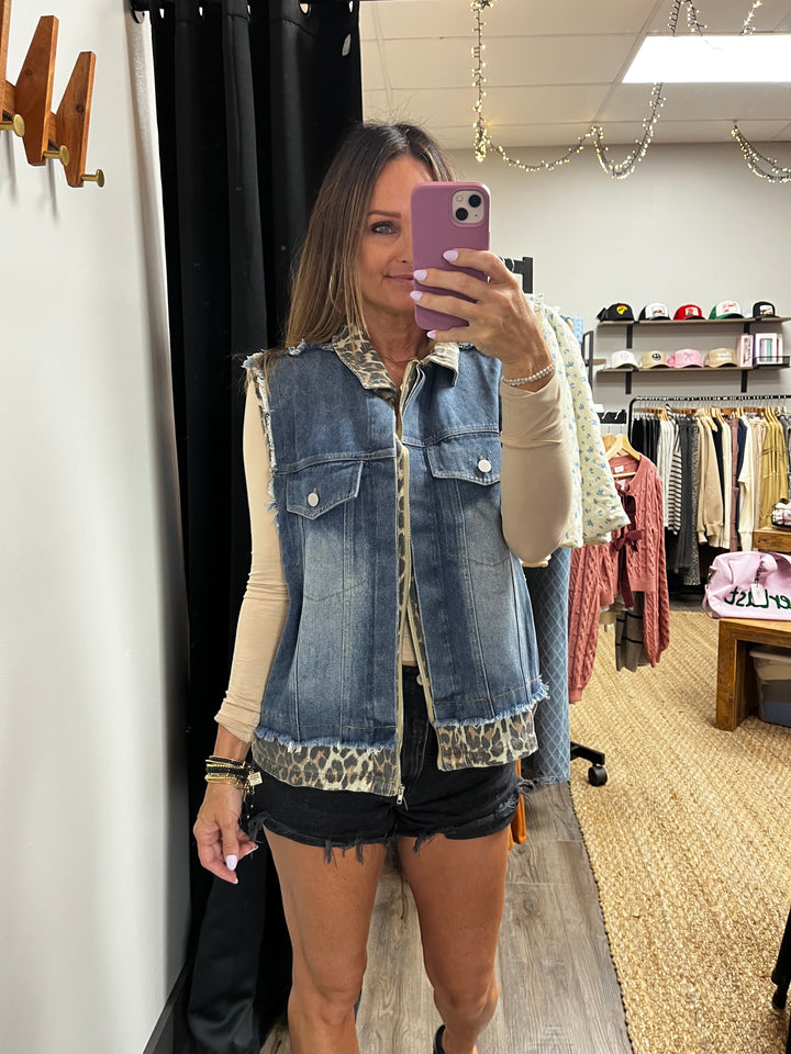 Bibi Leopard Print Denim Vest