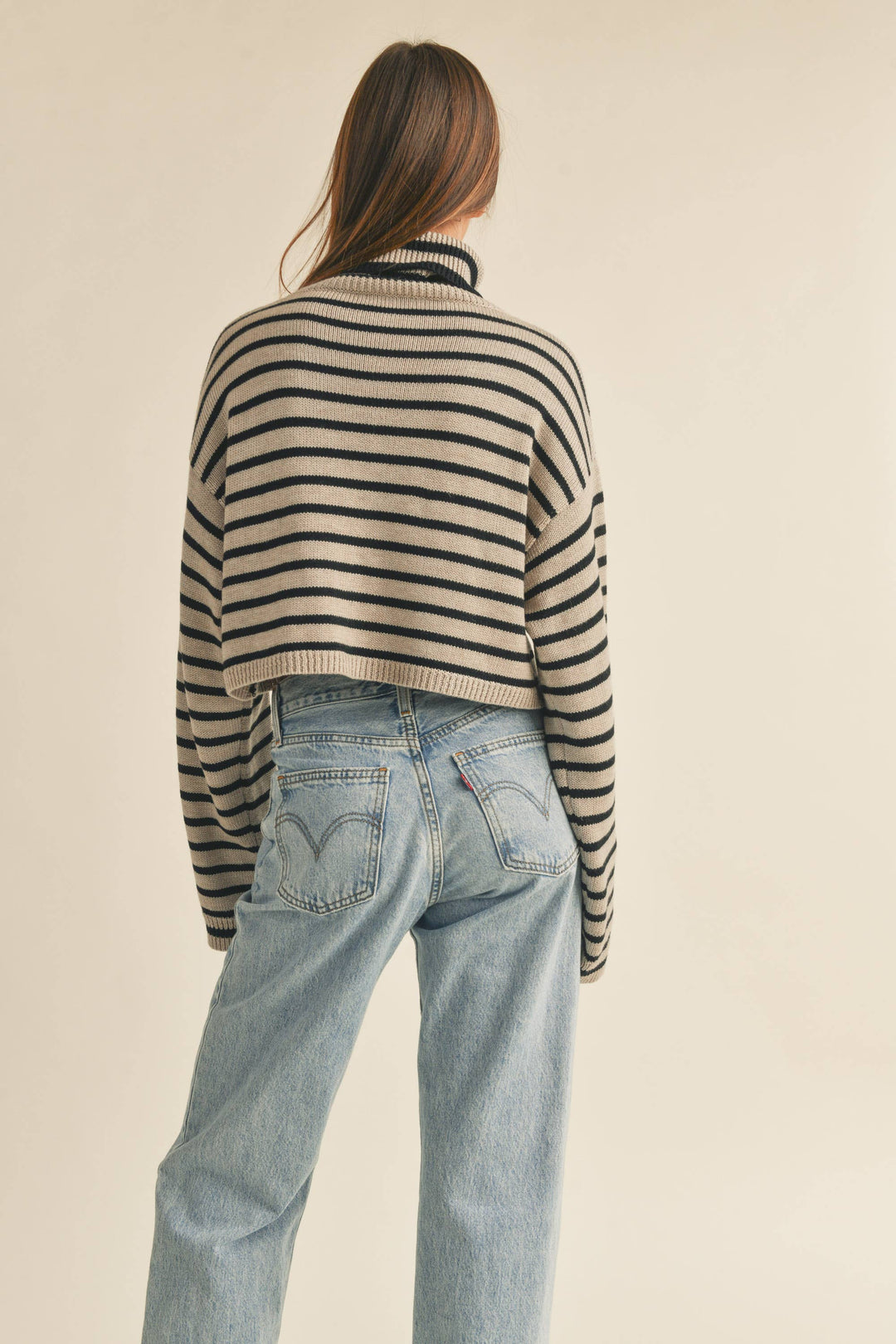 LARGE - Striped Cropped Turtleneck Sweater