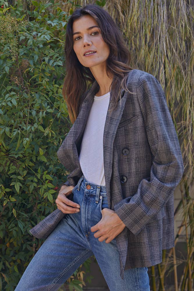 Dark gray plaid blazer for women