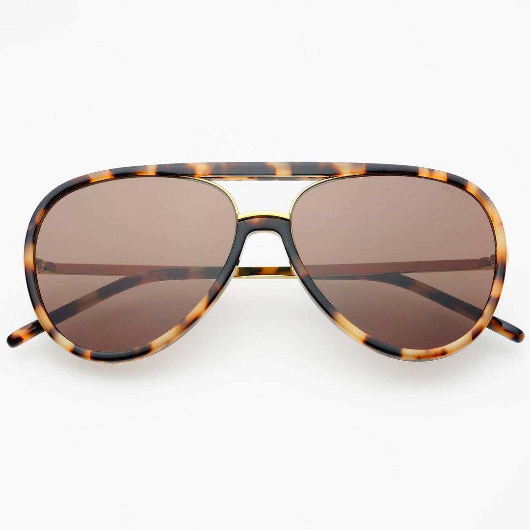 A pair of aviator-style sunglasses with a classic tortoiseshell frame and brown tinted lenses, photographed from the front on a clean white background.