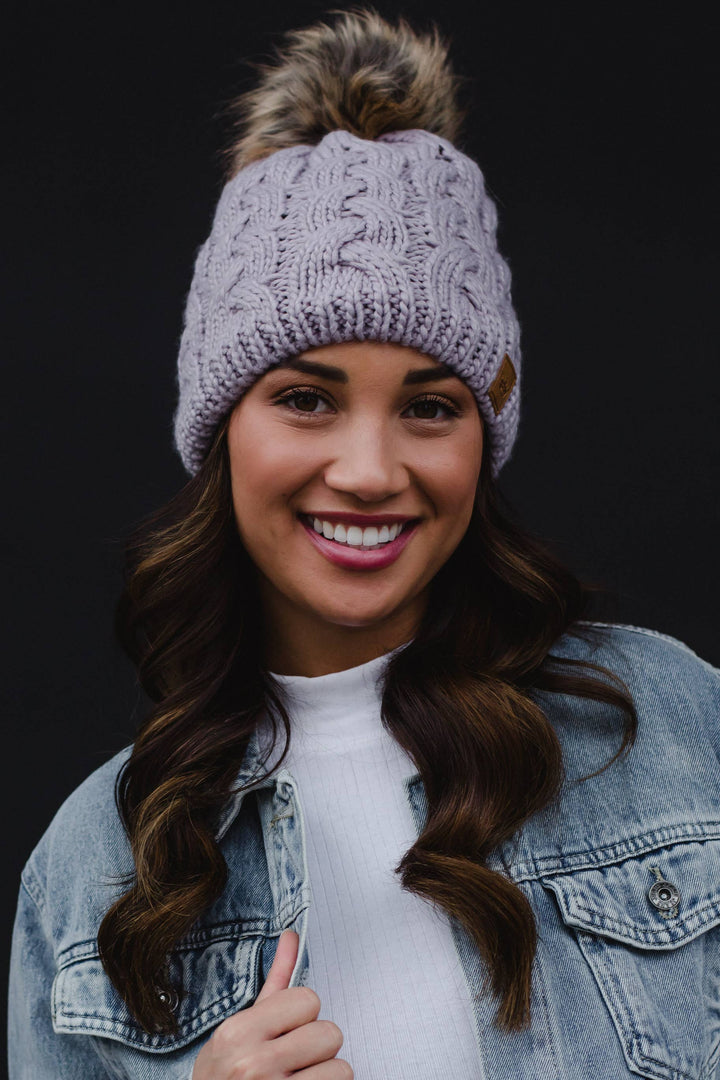 Braided Knit Pom Hat - Lilac