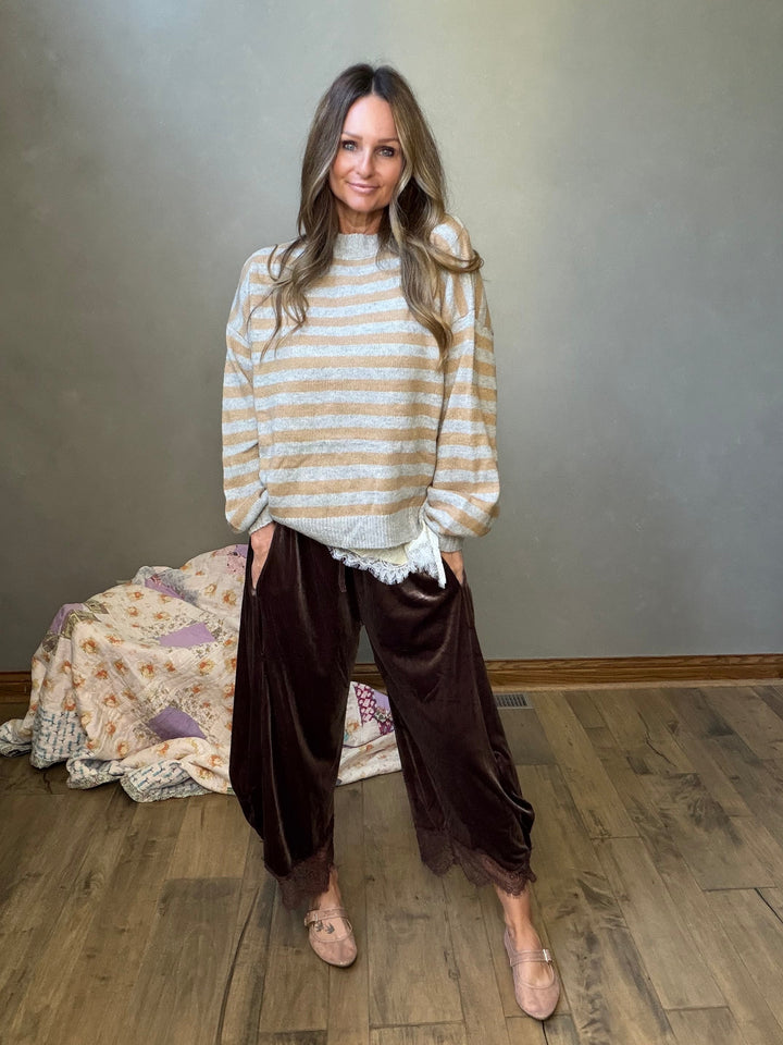 Cocoa Velvet Lace Hem Pants