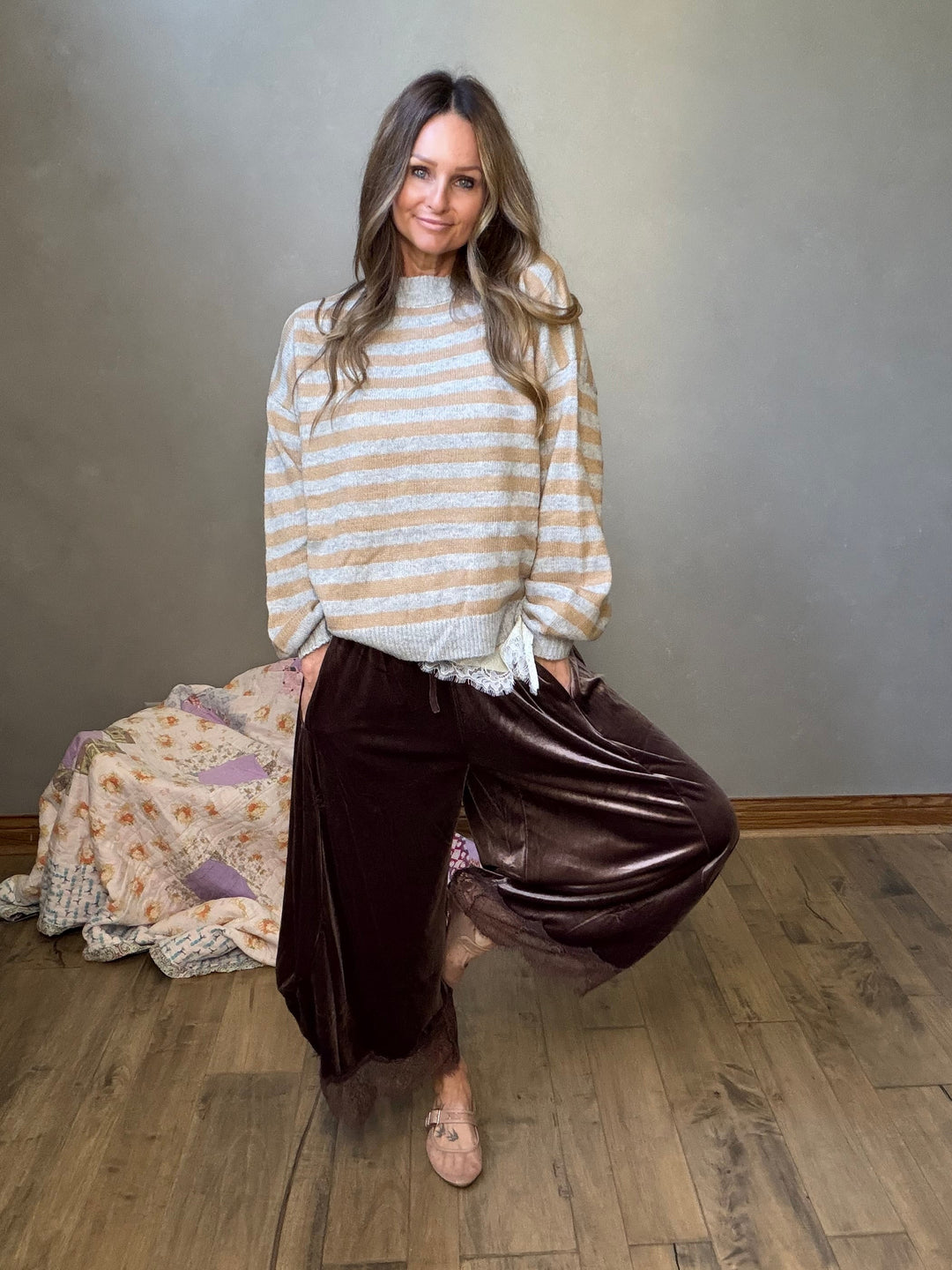 Cocoa Velvet Lace Hem Pants