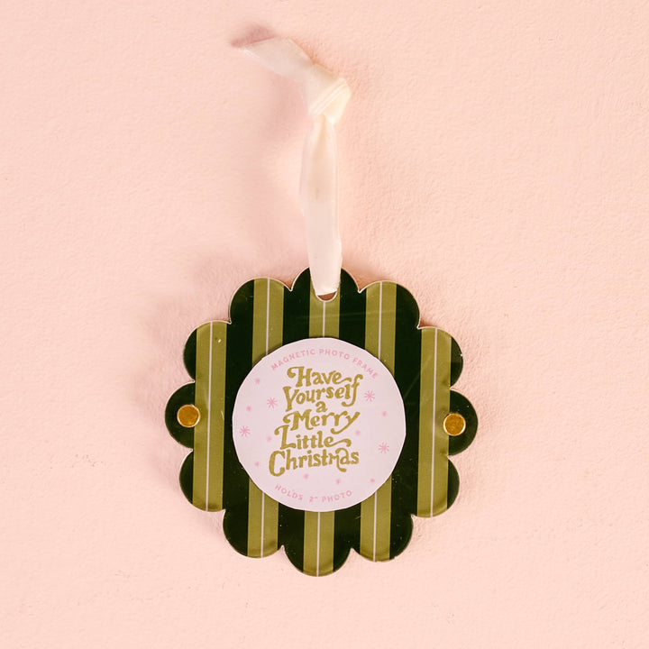 Scalloped Round Photo Frame Ornament-Evergreen Stripes