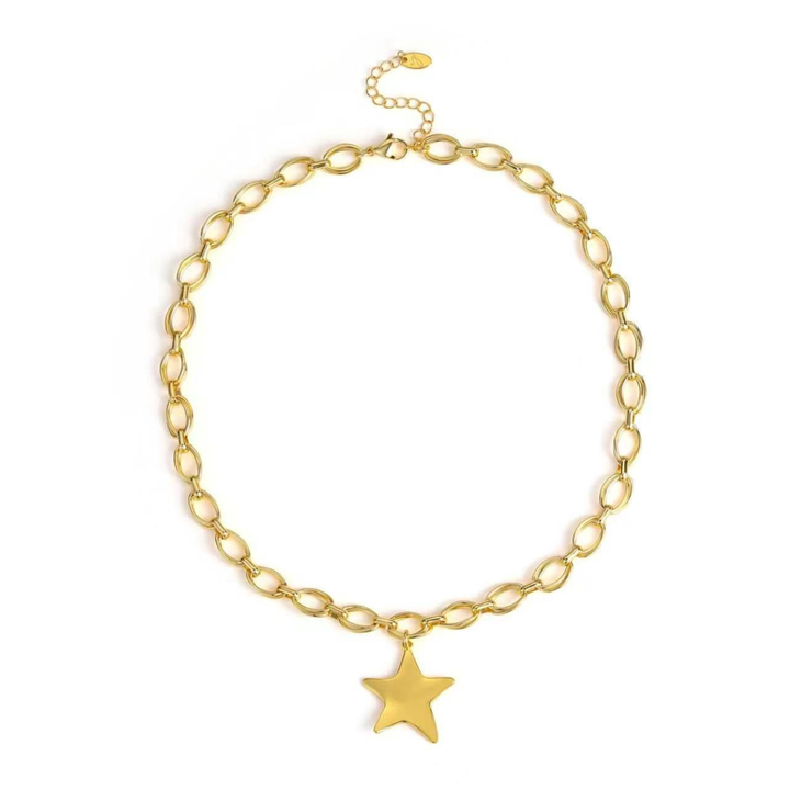 A gold chain necklace with elongated oval links and a dangling star-shaped charm, displayed on a clean white background.