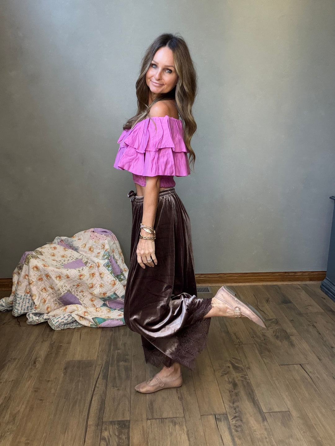 Cocoa Velvet Lace Hem Pants