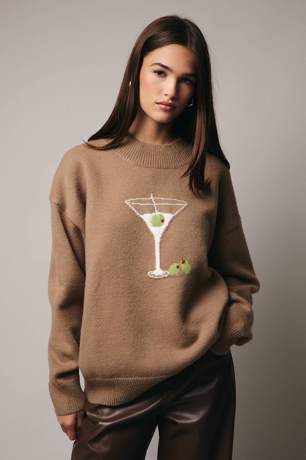 Chic Mock Neck Martini Graphic Sweater