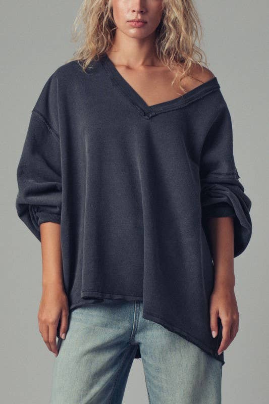 Black slouchy v-neck cotton sweatshirt similar to free people