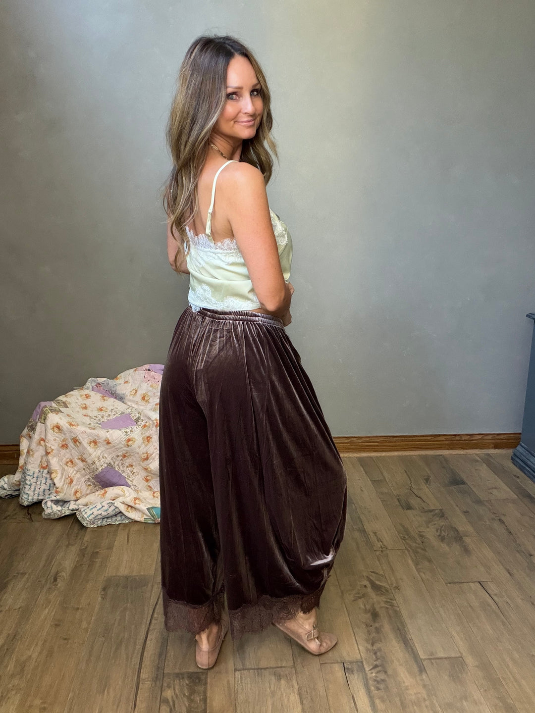 Cocoa Velvet Lace Hem Pants