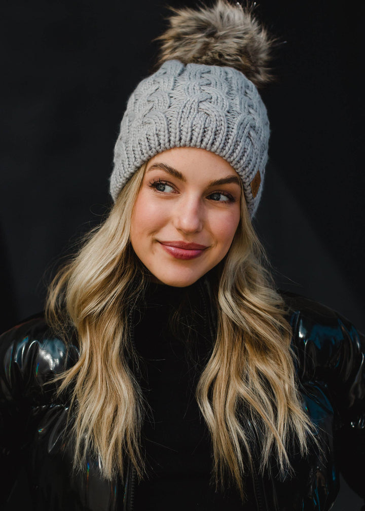 Braided Knit Pom Hat - Gray