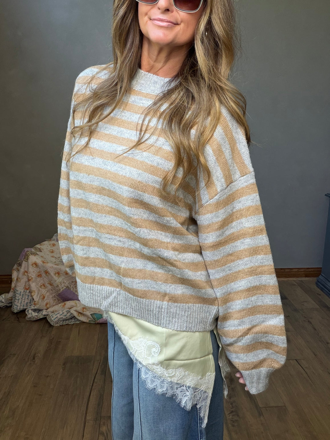 Gray and yellow striped oversized sweater