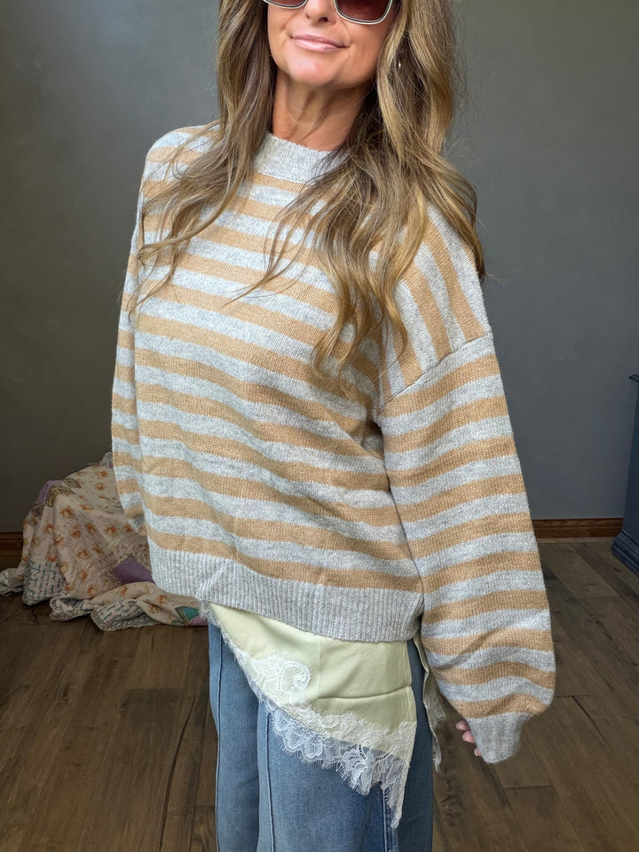 Gray and yellow striped oversized sweater