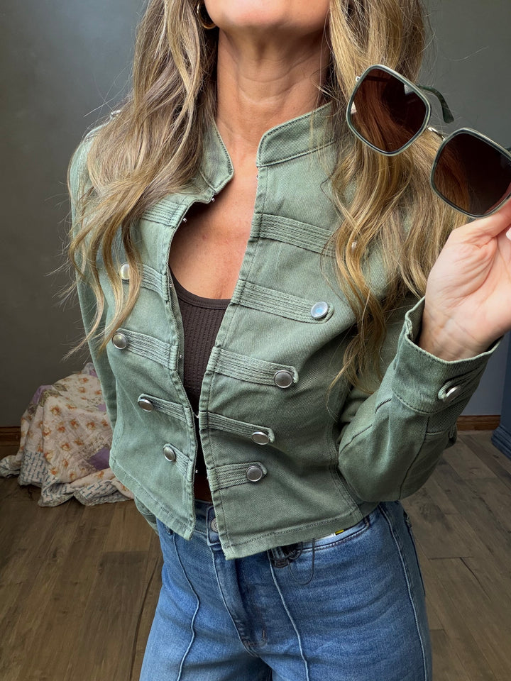 Olive green twill cropped military jacket