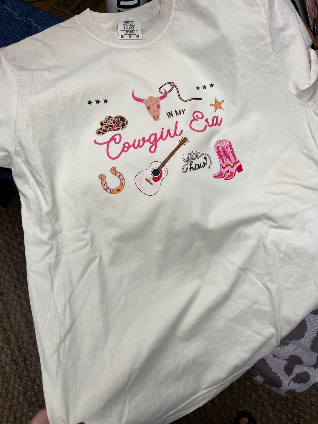 Ivory comfort colors tee with cowgirl era graphic western doodles
