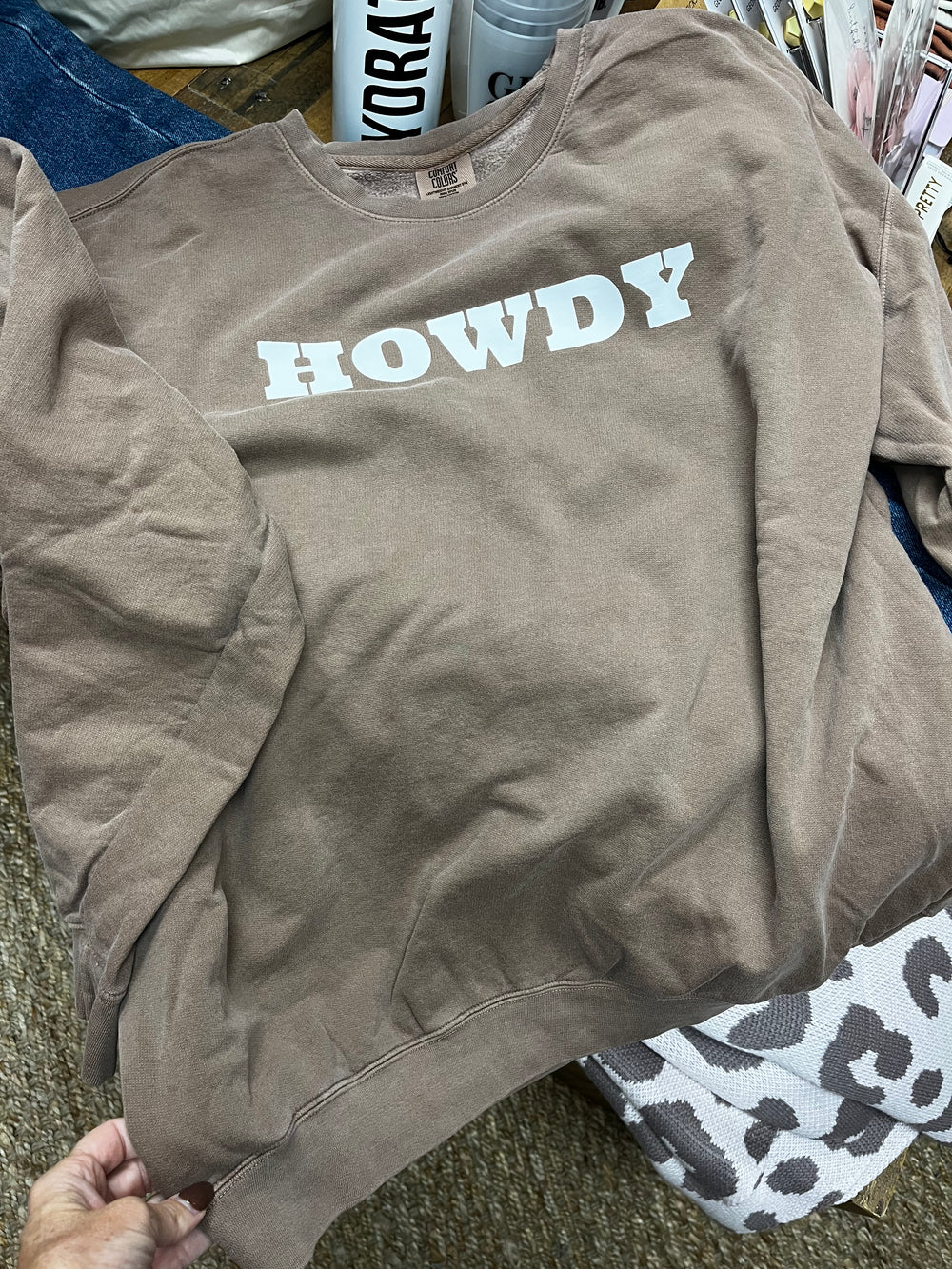 Brown crewneck comfort colors with white HOWDY western graphic