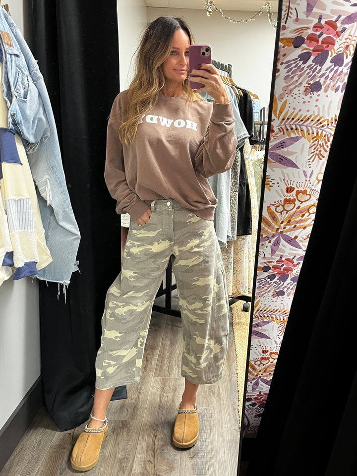 Boho Western Camo Barrel Jeans