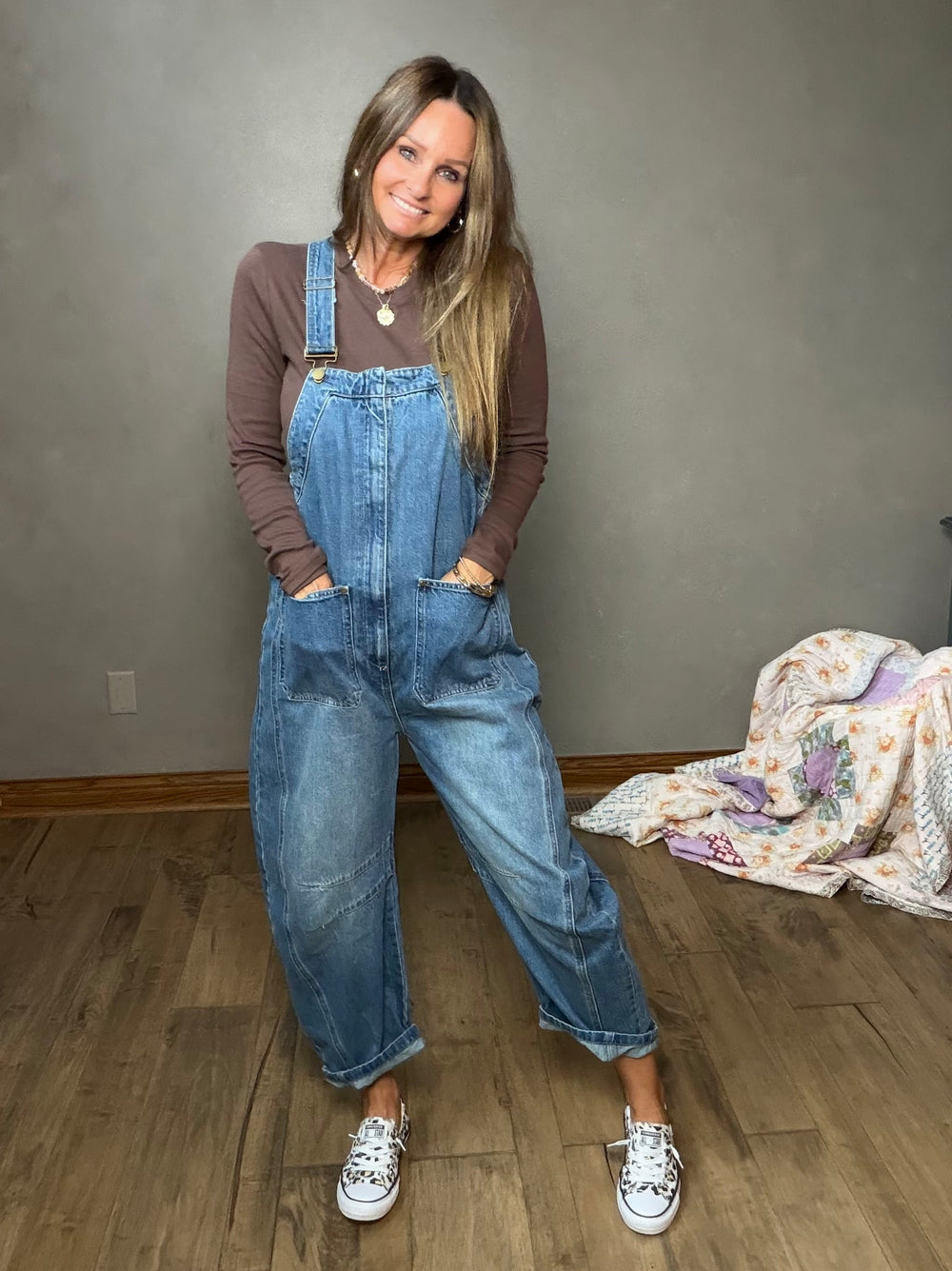 Medium wash barrel leg denim overalls