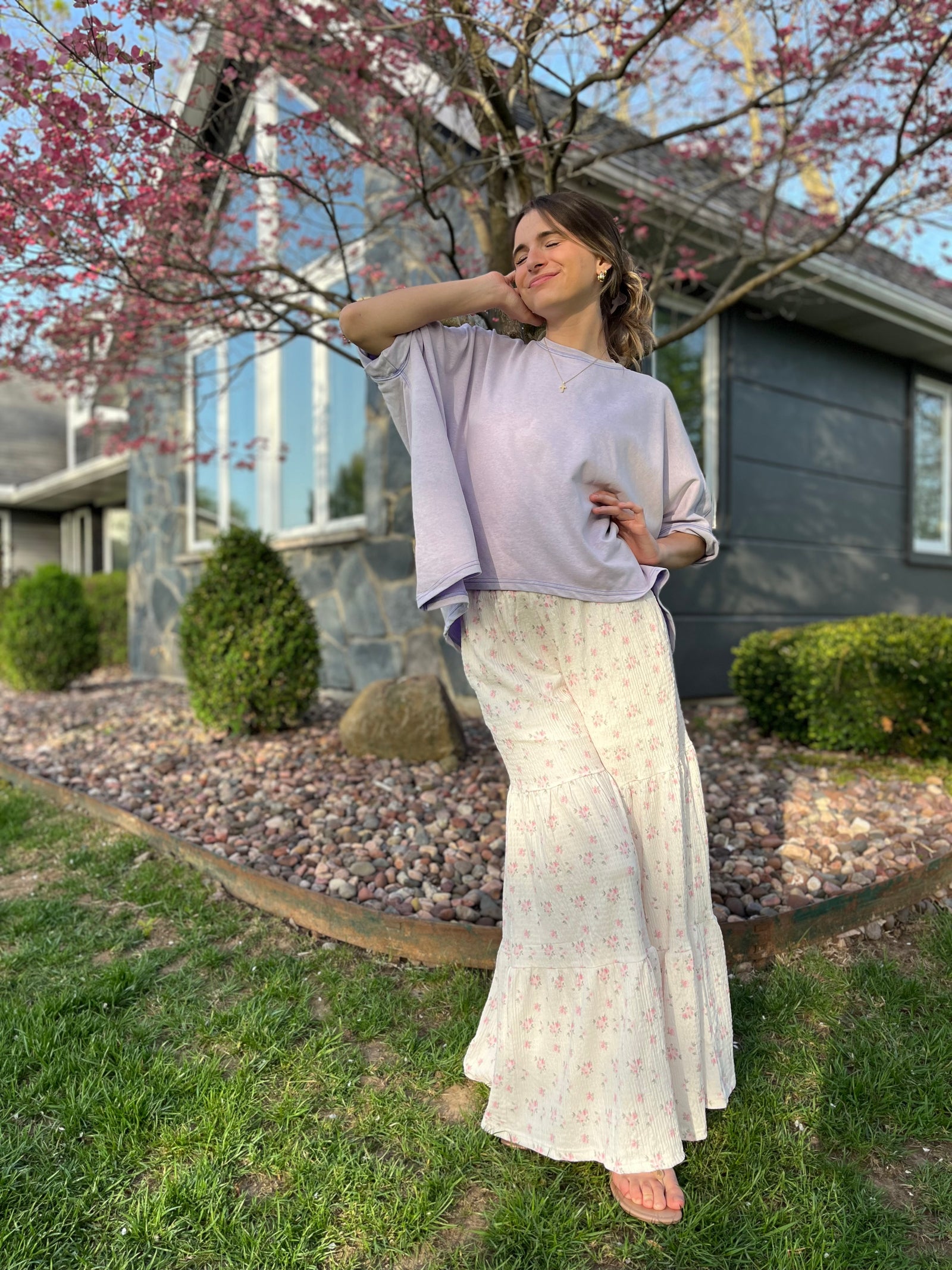 Lavender asymmetrical hemline dolman style short sleeve top