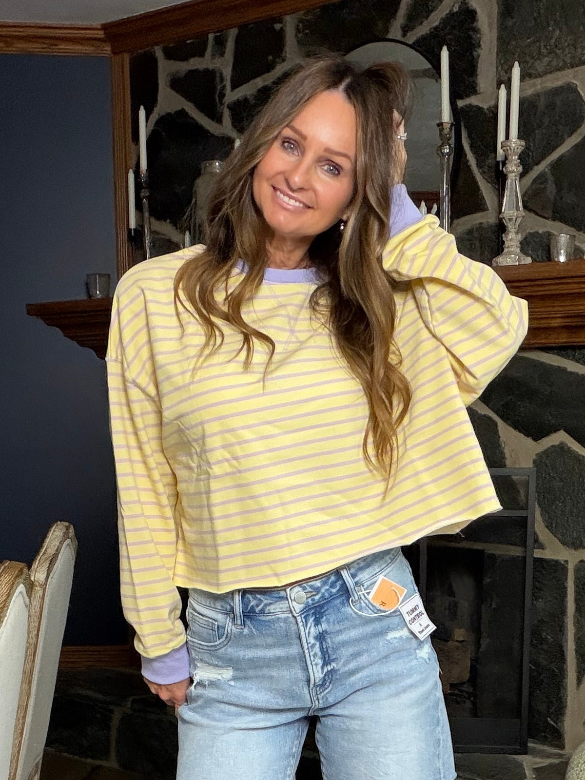 Butter yellow and lavender striped French terry pullover