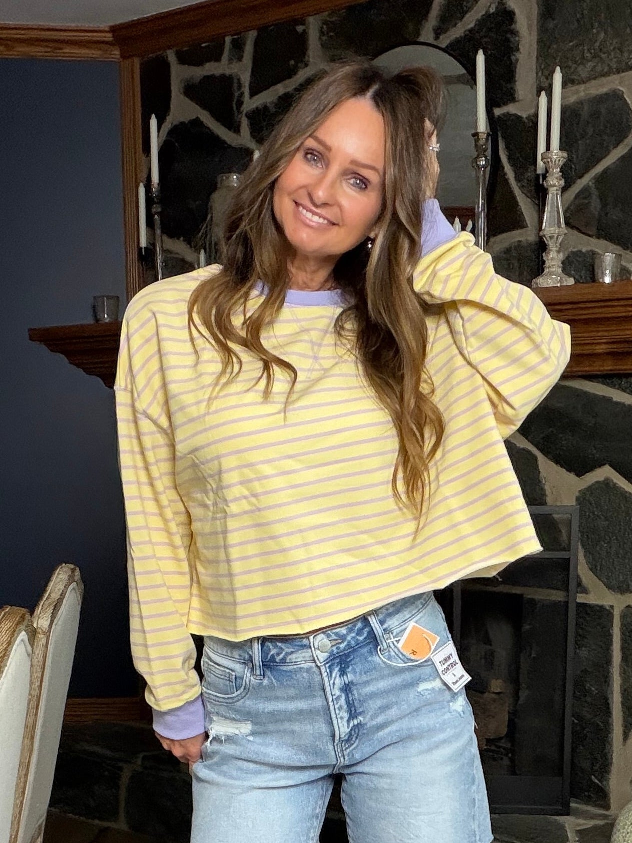 Butter yellow and lavender striped French terry pullover