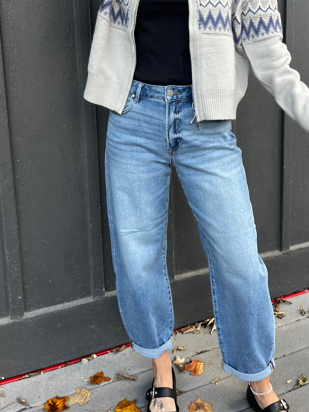 High rise medium wash mild barrel jeans