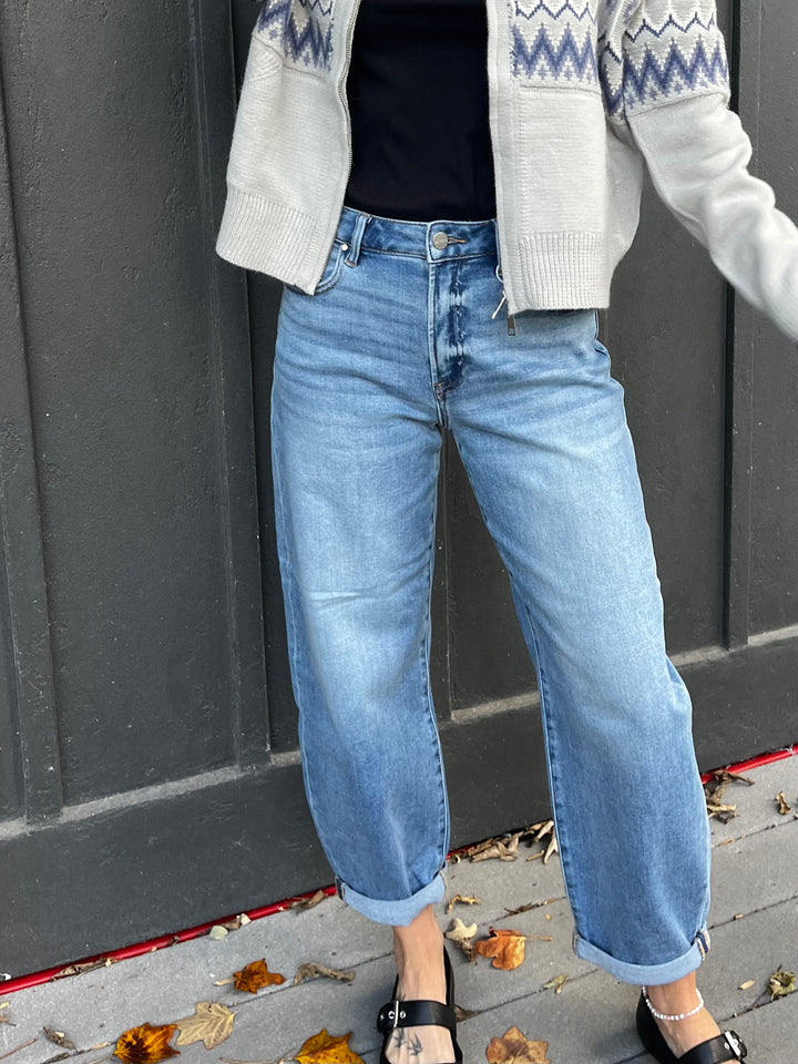 High rise medium wash mild barrel jeans