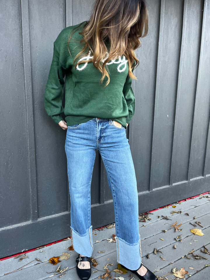 Risen Mid-Rise Crop Wide Cuffed Jeans