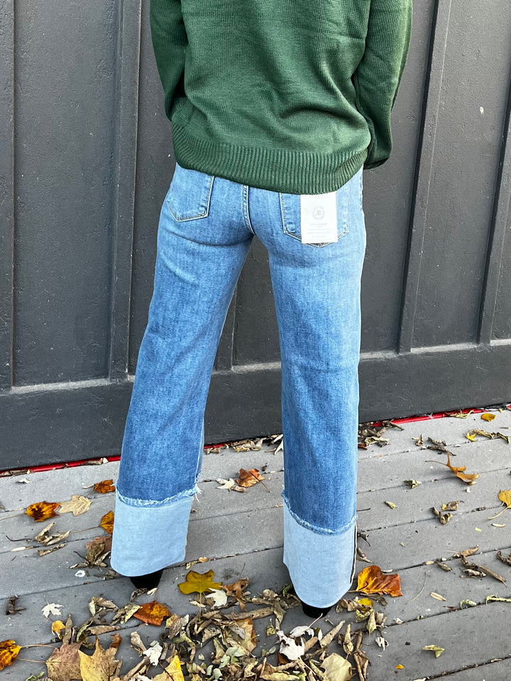 Risen Mid-Rise Crop Wide Cuffed Jeans