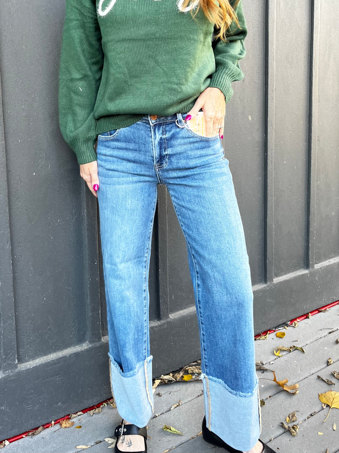 Mid rise wide cuff medium wash Risen jeans