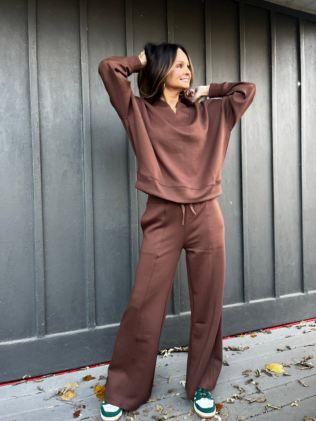 Scuba Collared Deep V Pullover & Pants Set