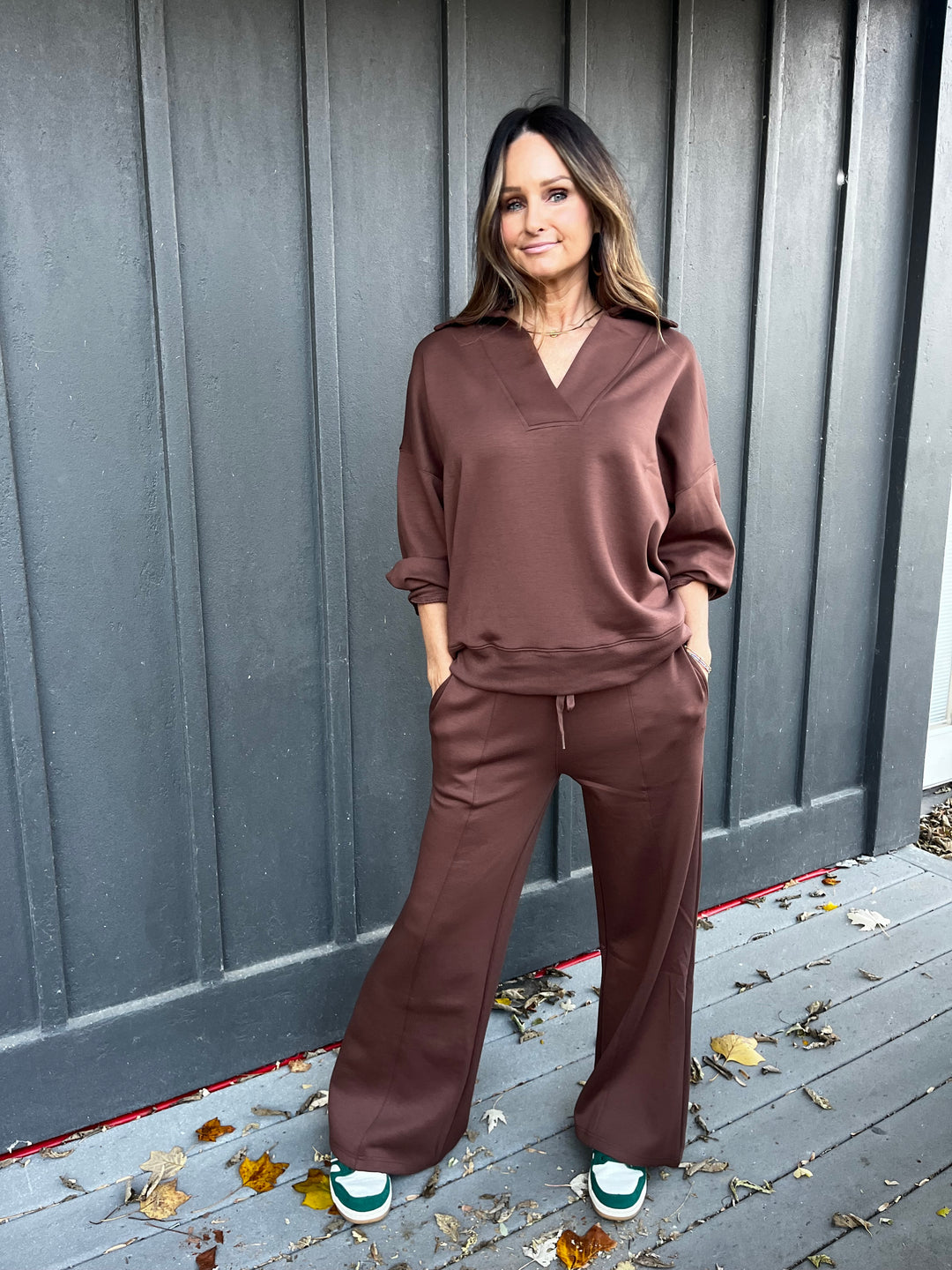 Scuba Collared Deep V Pullover & Pants Set