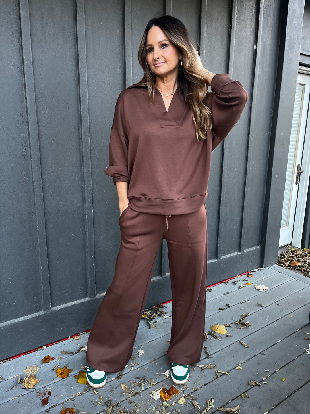 Scuba Collared Deep V Pullover & Pants Set
