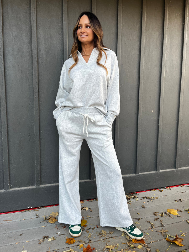 Ash gray sweat set two piece v neck with collar stretchy scuba fabric