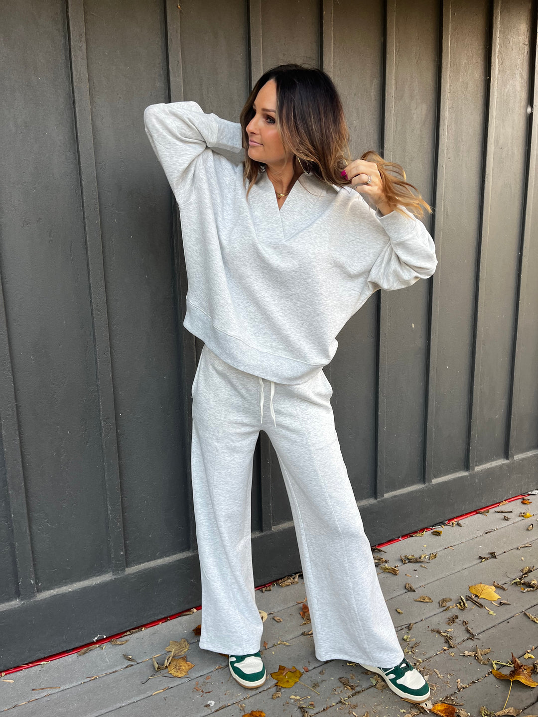 Scuba Collared Deep V Pullover & Pants Set