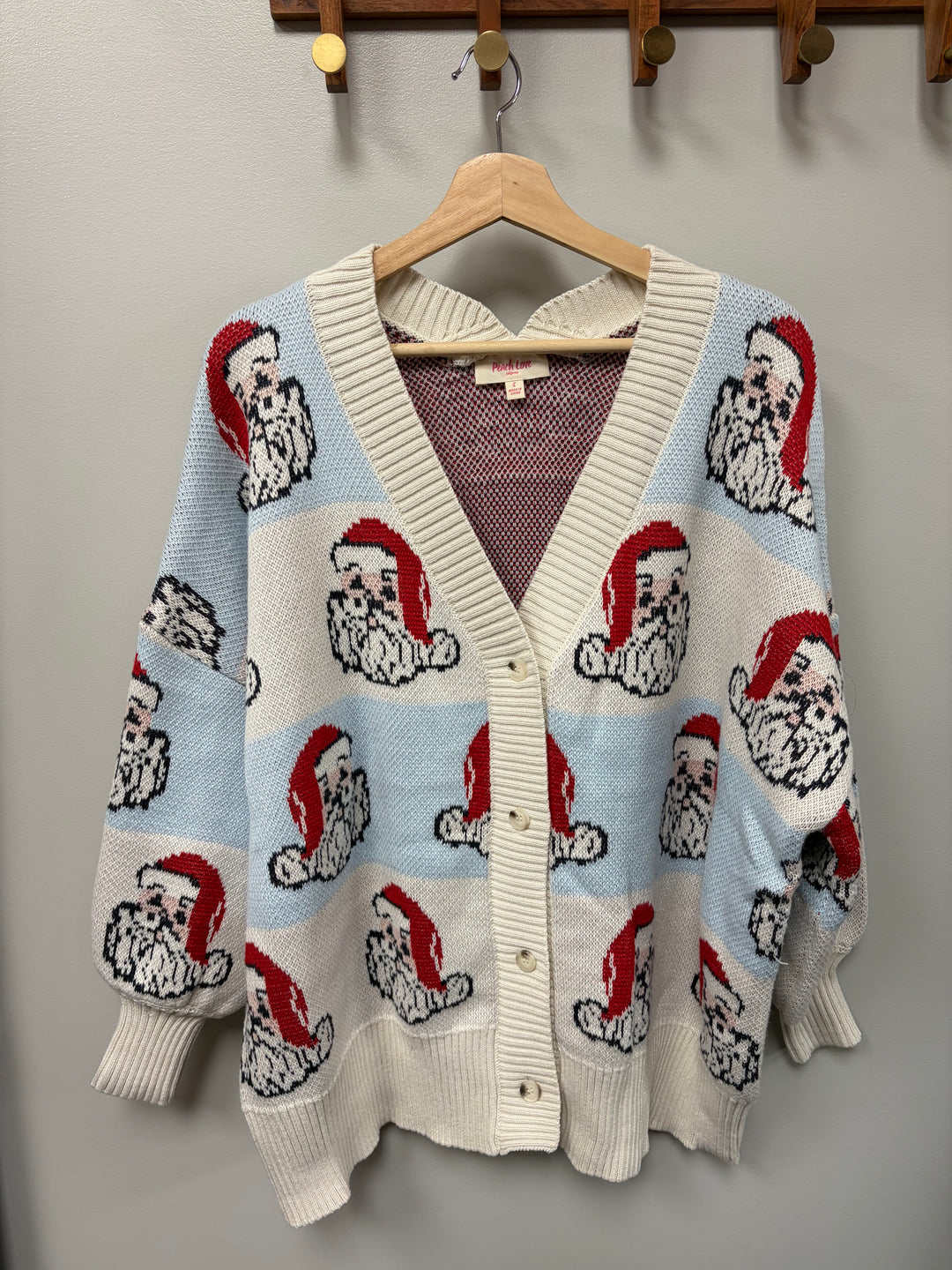 Ivory and light blue wide striped button up cardigan with Santas on it, v-neck, oversized