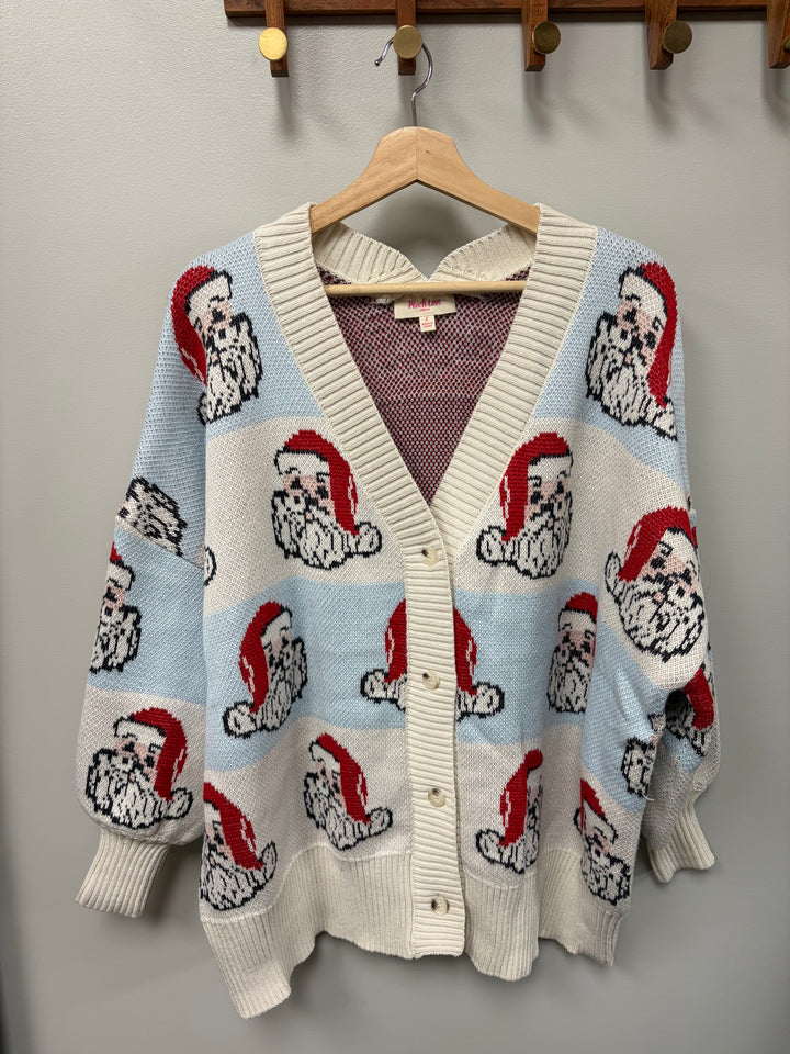 Ivory and light blue wide striped button up cardigan with Santas on it, v-neck, oversized