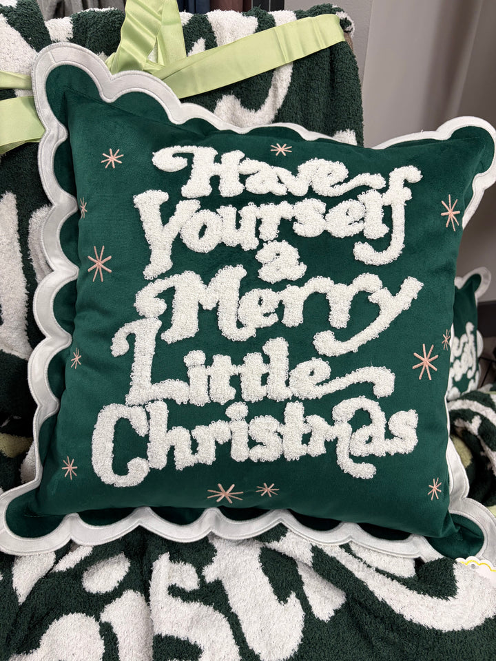 Green Christmas throw pillow, says Have Yourself A Merry Little Christmas