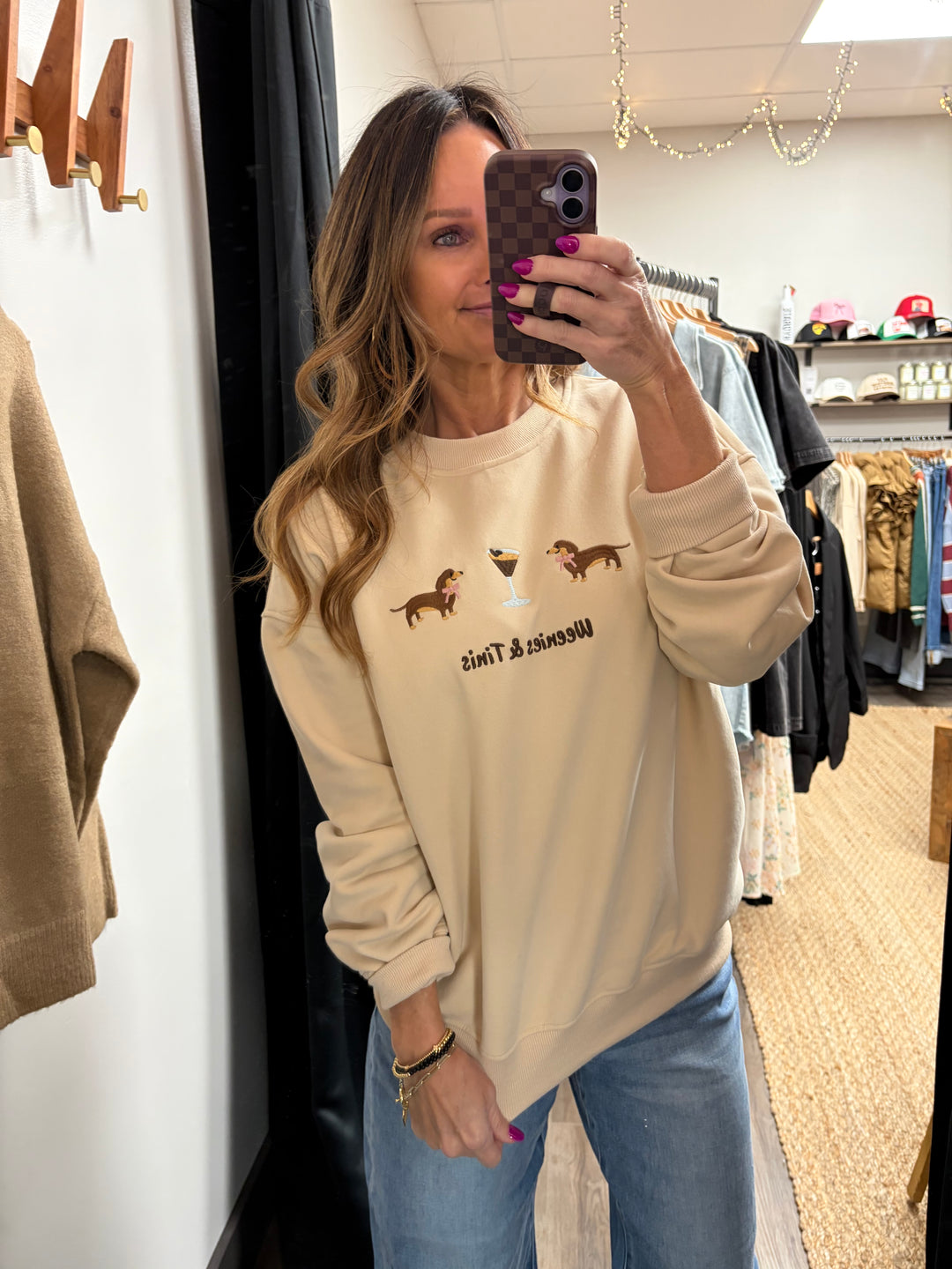 "Weenies & Tinis" Embroidered Fleece Sweatshirt